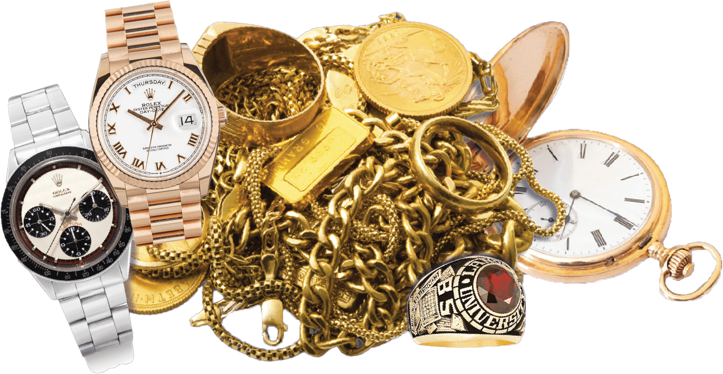 Gold jewelry, coins, and watches